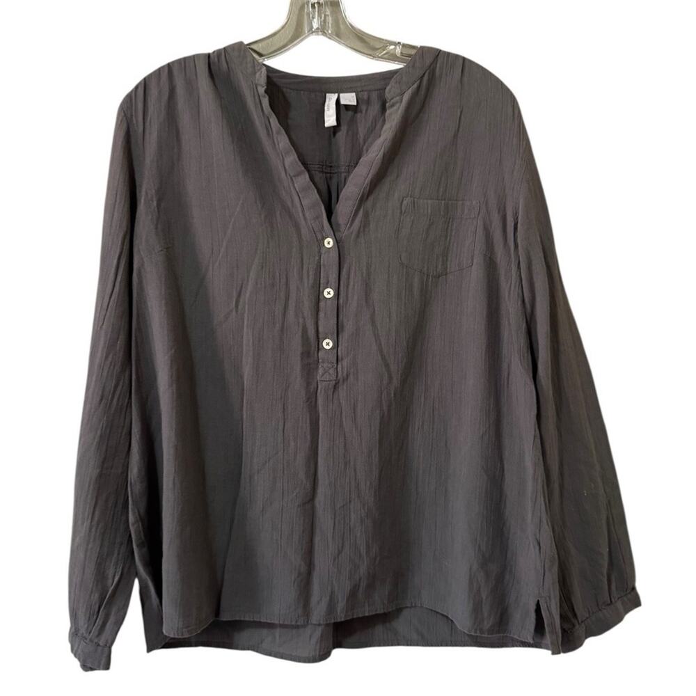 Old Navy Women Medium Popover Tunic Blouse Gray Long‎ Sleeve Buttons V Neck City